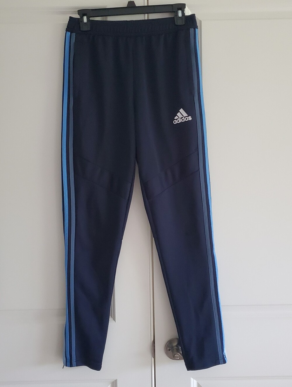 Boys' Adidas Track Pants Zip Pockets, Zip Ankle, Dark Blue, Blue Stripes, Large